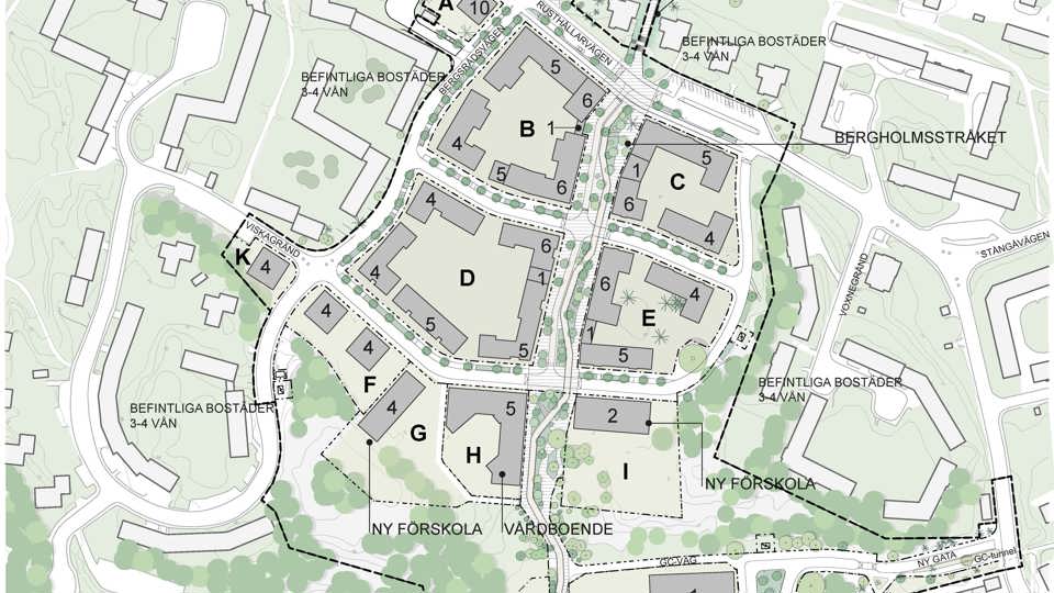 Kartillustration som visar hela planförslaget med byggnation, grönområden och gator. 